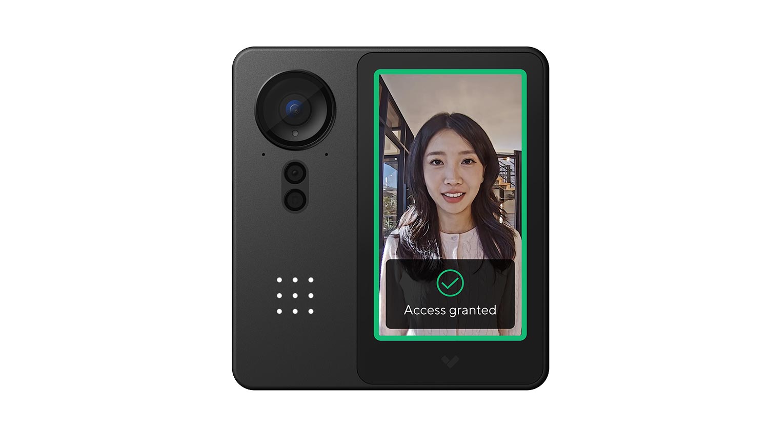 Black video intercom displaying a woman and access granted message