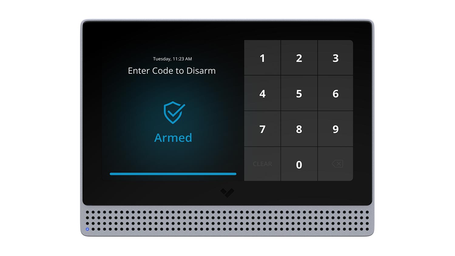 Digital security alarm panel displaying armed status and a keypad