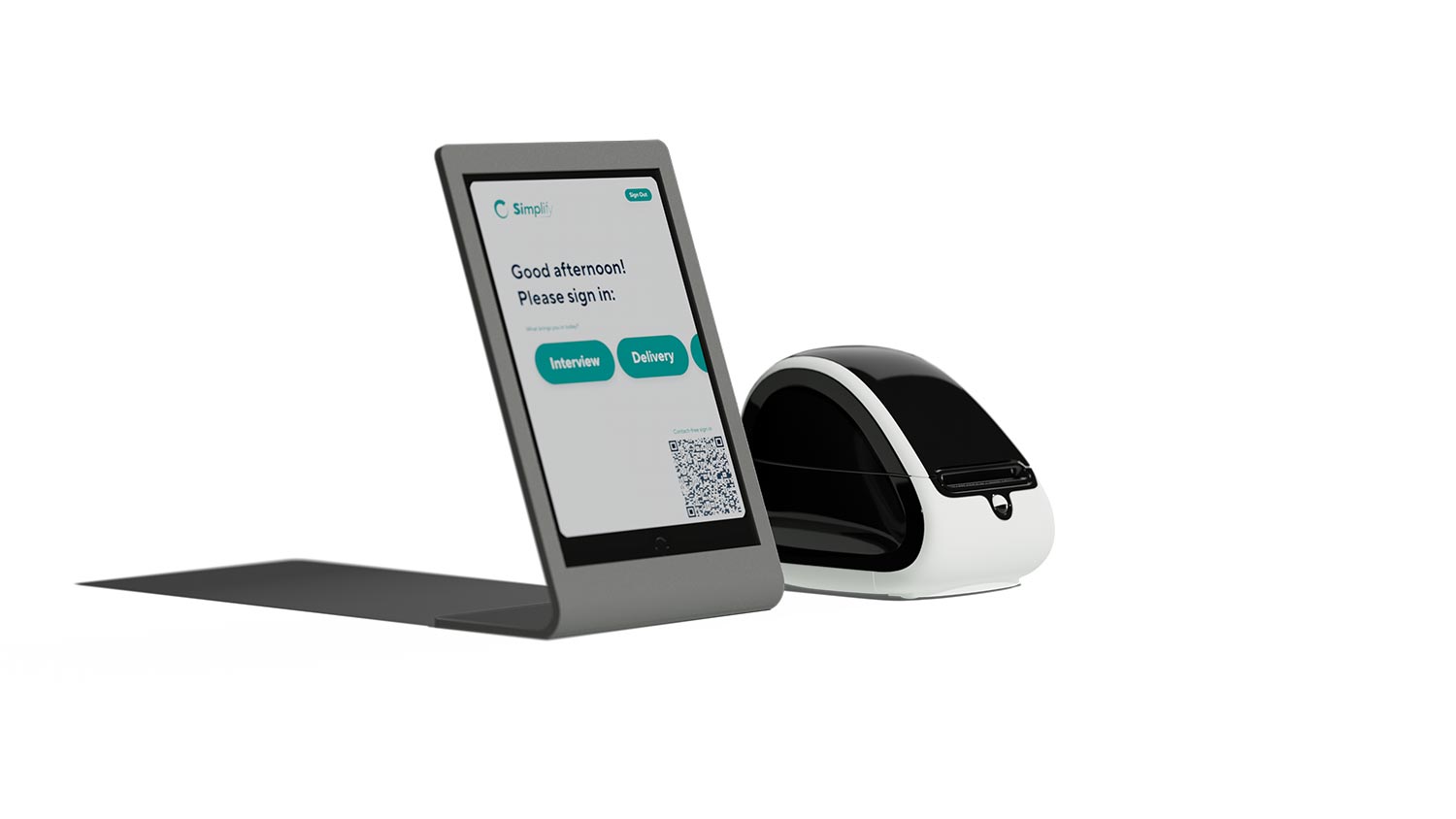 Visitor sign in tablet kiosk next to a compact label printer
